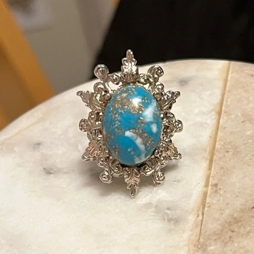 Costume Turquoise Silver Statement Ring Adjustable Size